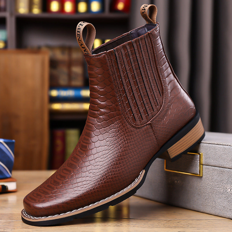 Men's Retro Crocodile Pattern Chelsea Ankle Boots with Elastic Side Panels teemdrop