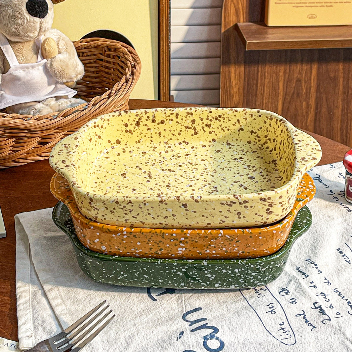 Color splash ink ceramic binaural square baking tray Microwave Baking