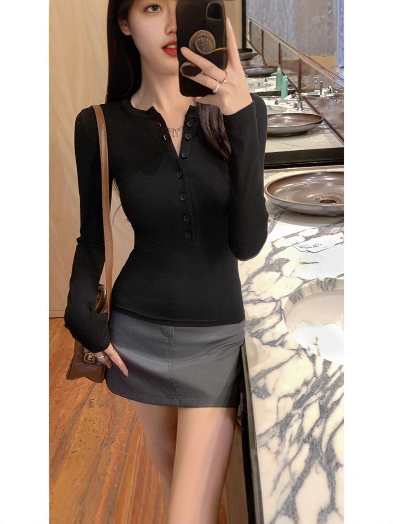 Women's Slim Fit Half-Collar Button Long Sleeve T-Shirt teemdrop