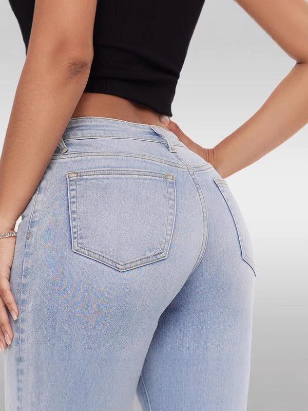 Women's High Elastic Butt-Lifting Mid-Waist Wide-Leg Denim Jeans teemdrop