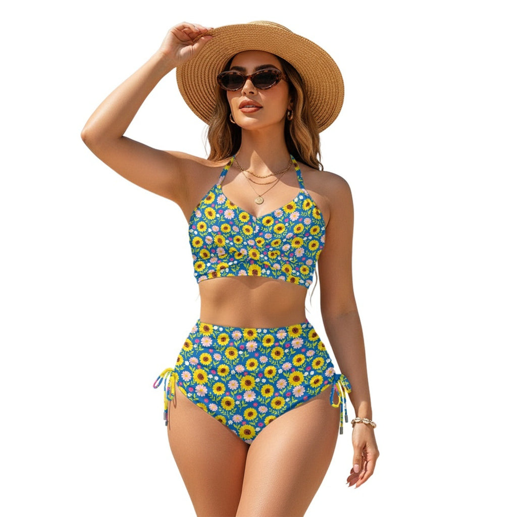 Women Sexy Animal Print High-Waist Drawstring Two-Piece Bikini Swimsuit teemdrop