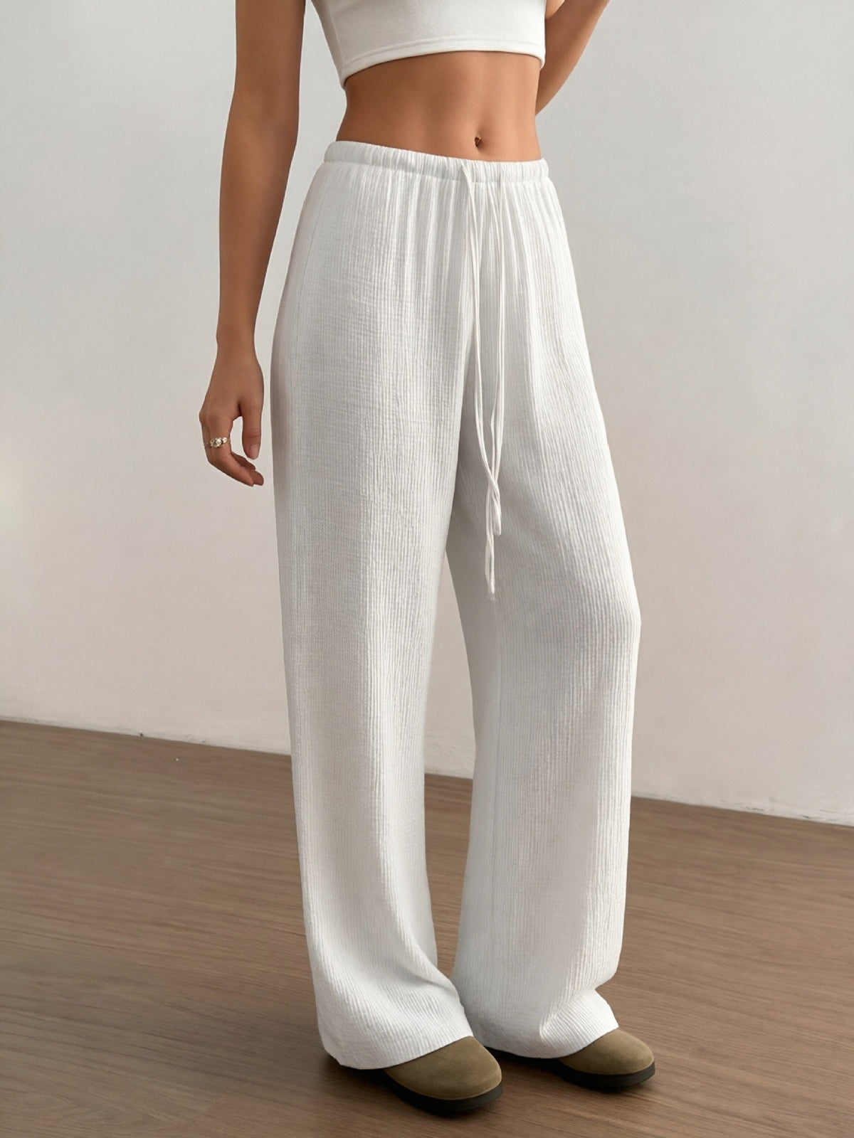 Women's Textured High Waist Drawstring Drapey Wide Leg Pants teemdrop