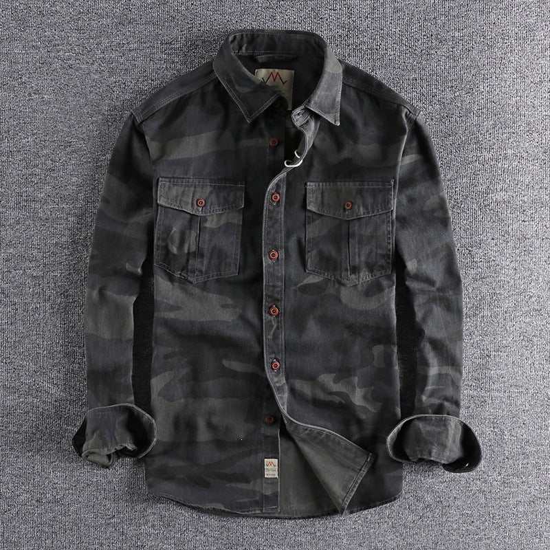 Men's Washed Camouflage Long-Sleeve Cotton Workwear Shirt teemdrop