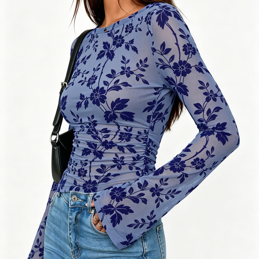 Women's Floral Flocked Mesh Slim Fit Long Sleeve T-Shirt teemdrop