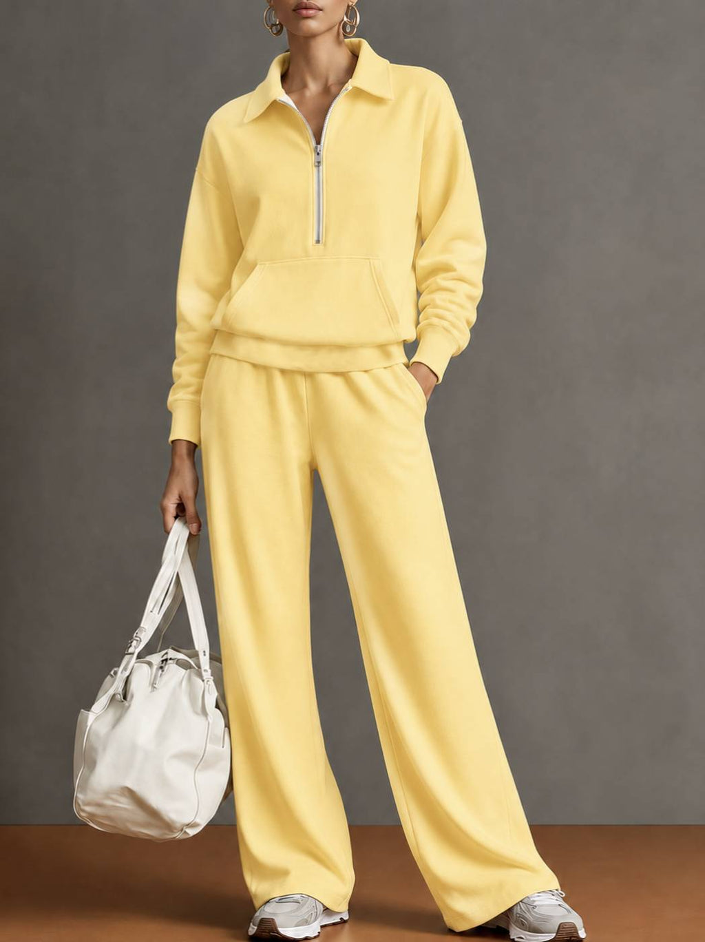 Women Two-Piece Half-Zip Sweatshirt and Wide-Leg Pants Set teemdrop