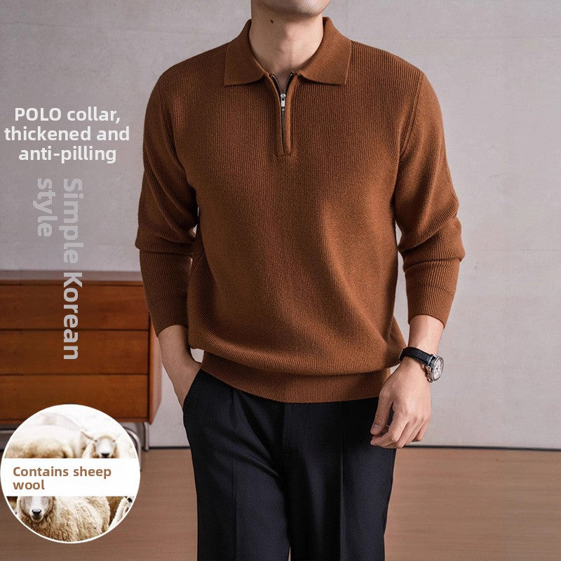 Men's Zippered Sheep Wool Blend Thickened Knit Sweater with Anti-Pilling Feature teemdrop