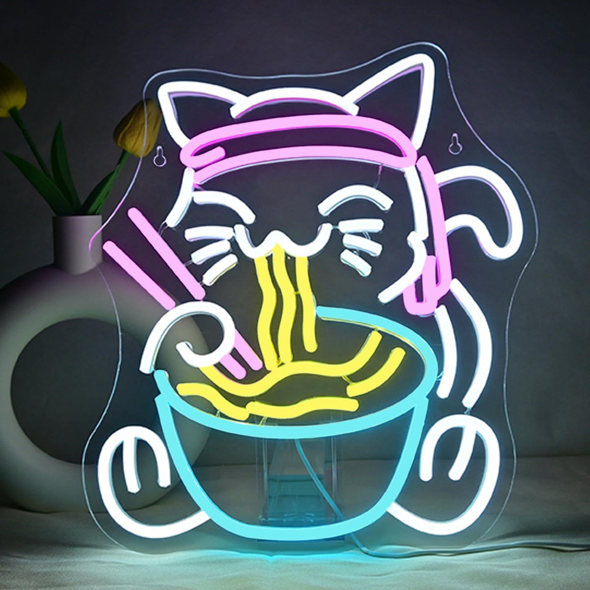 USB Dimmable LED Neon Sign, Cat Eating Noodles Light, Acrylic Animal Shaped Nightlight for Home Decor teemdrop