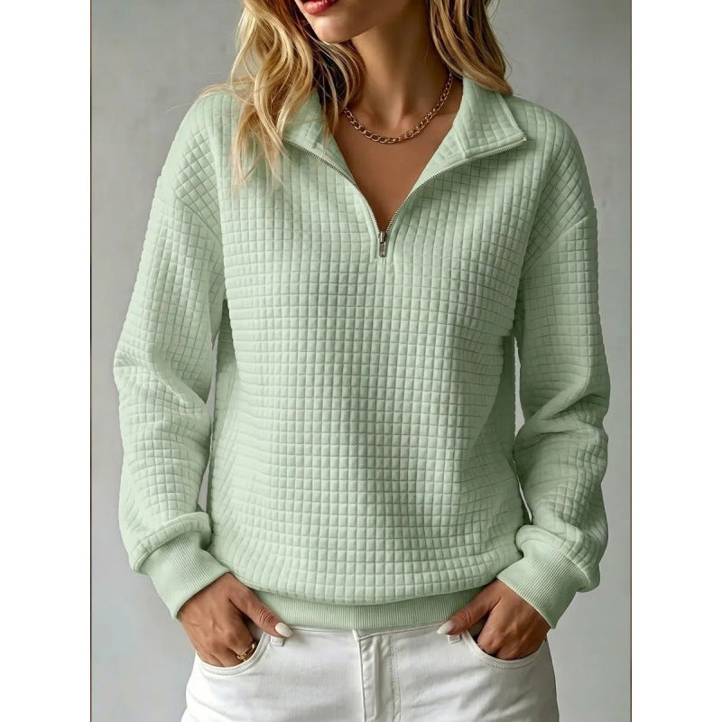Women's Solid Color Waffle Knit Stand Collar Zipper Long Sleeve Loose Sweatshirt teemdrop