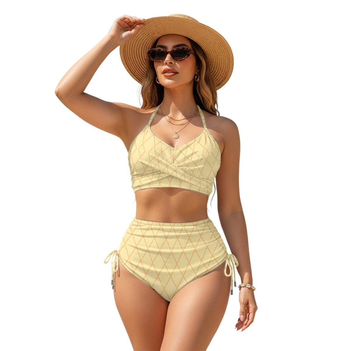 Women Sexy Animal Print High-Waist Drawstring Two-Piece Bikini Swimsuit teemdrop