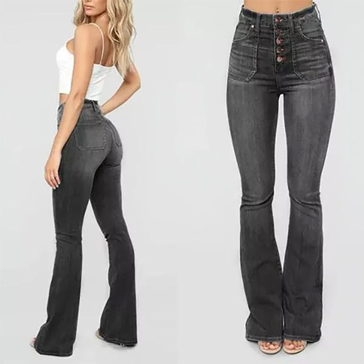 Washed button-down women's high-waisted denim pants