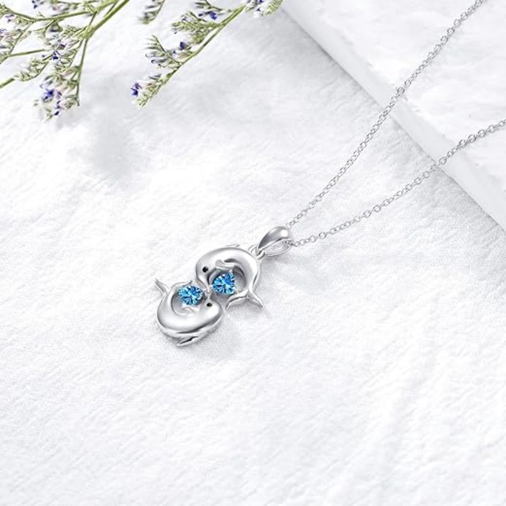 Blue Heart Zircon Dolphin Pendant Alloy Necklace teemdrop