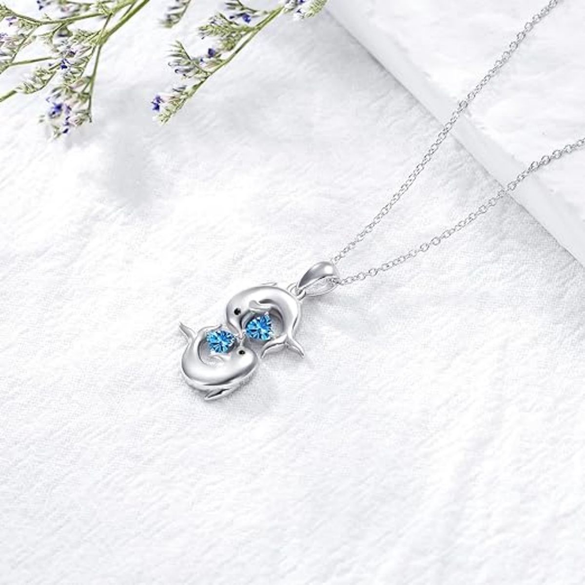 Blue Heart Zircon Dolphin Pendant Alloy Necklace teemdrop