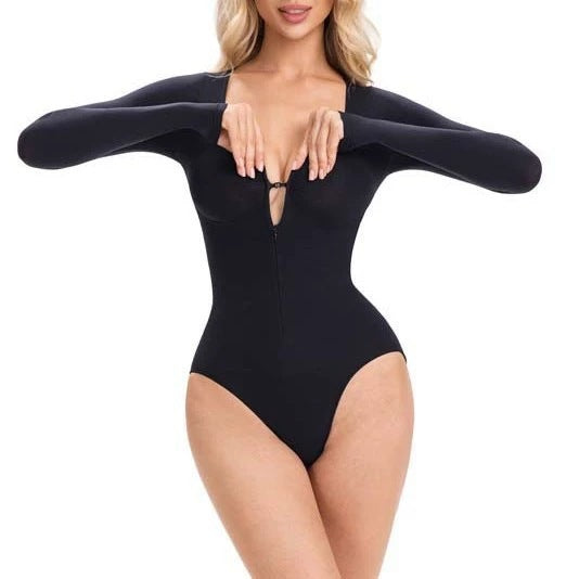 Seamless Zippered V-Neck Long-Sleeve Bodysuit teemdrop
