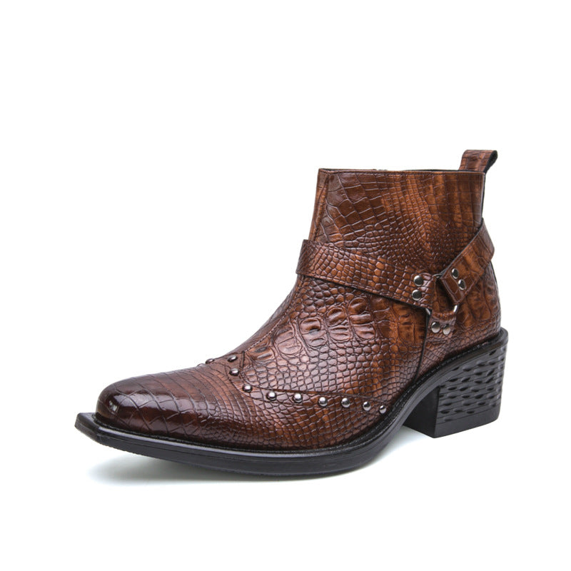 Men's Pointed Toe Leather Boots with Side Zipper and Wedge Heel teemdrop