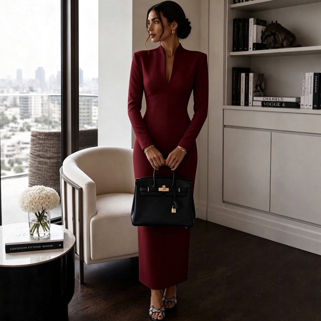 Women's Elegant Stand Collar V-Neck Long Sleeve Bodycon Dress teemdrop
