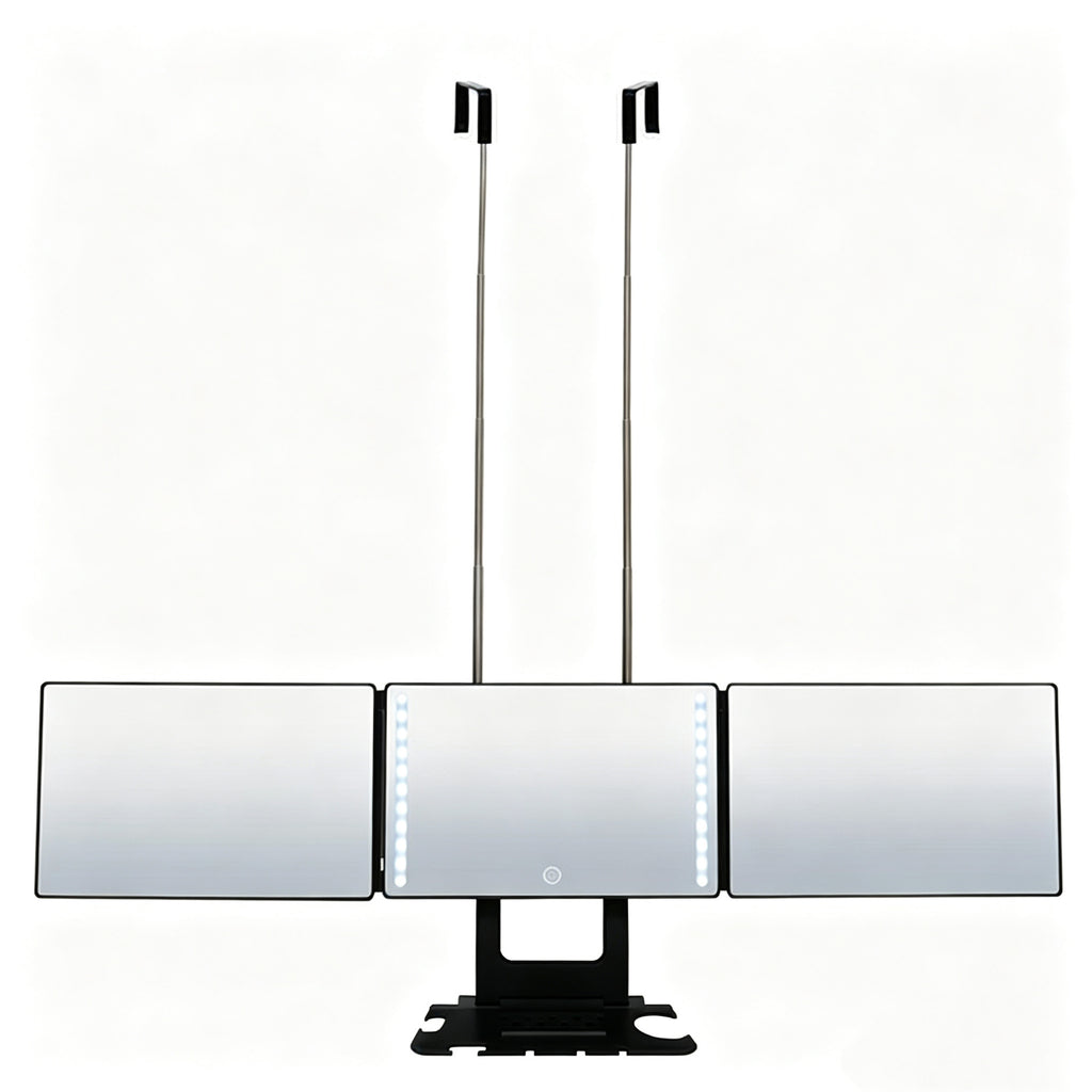 Tri-Fold Tabletop Mirror with Storage Tray Adjustable Lighted Makeup Vanity Mirror teemdrop