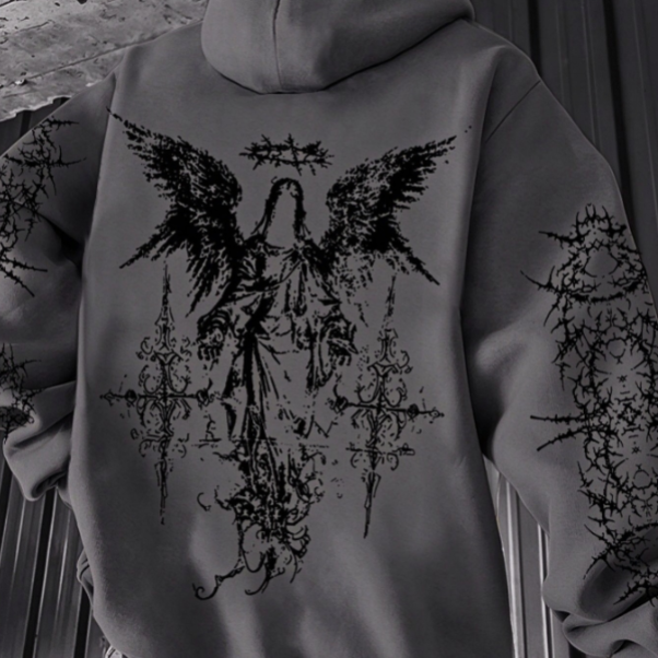 Gothic-style angel-print hoodie teemdrop