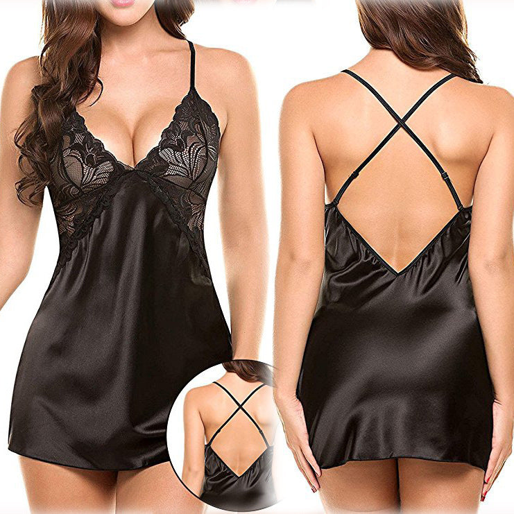 Women's Imitation Ice Silk Cross-Back Suspender Lingerie Nightdress