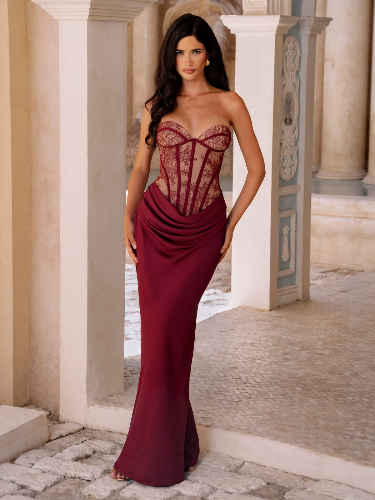 Women's Strapless Mermaid Maxi Dress with Corset and Pleats teemdrop