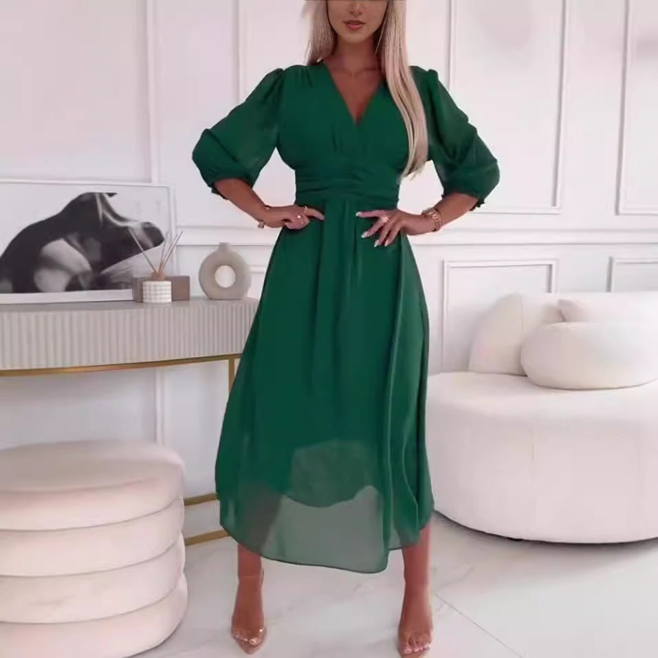 Women's Slim-Fit Flared Sleeve V-Neck Chiffon Mid-Length Dress