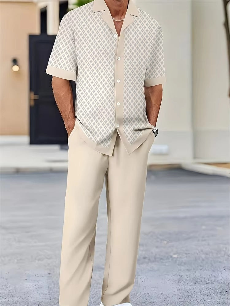 Mens Solid Color Short Sleeve Shirt and Drawstring Long Pants Two Piece Outfit teemdrop