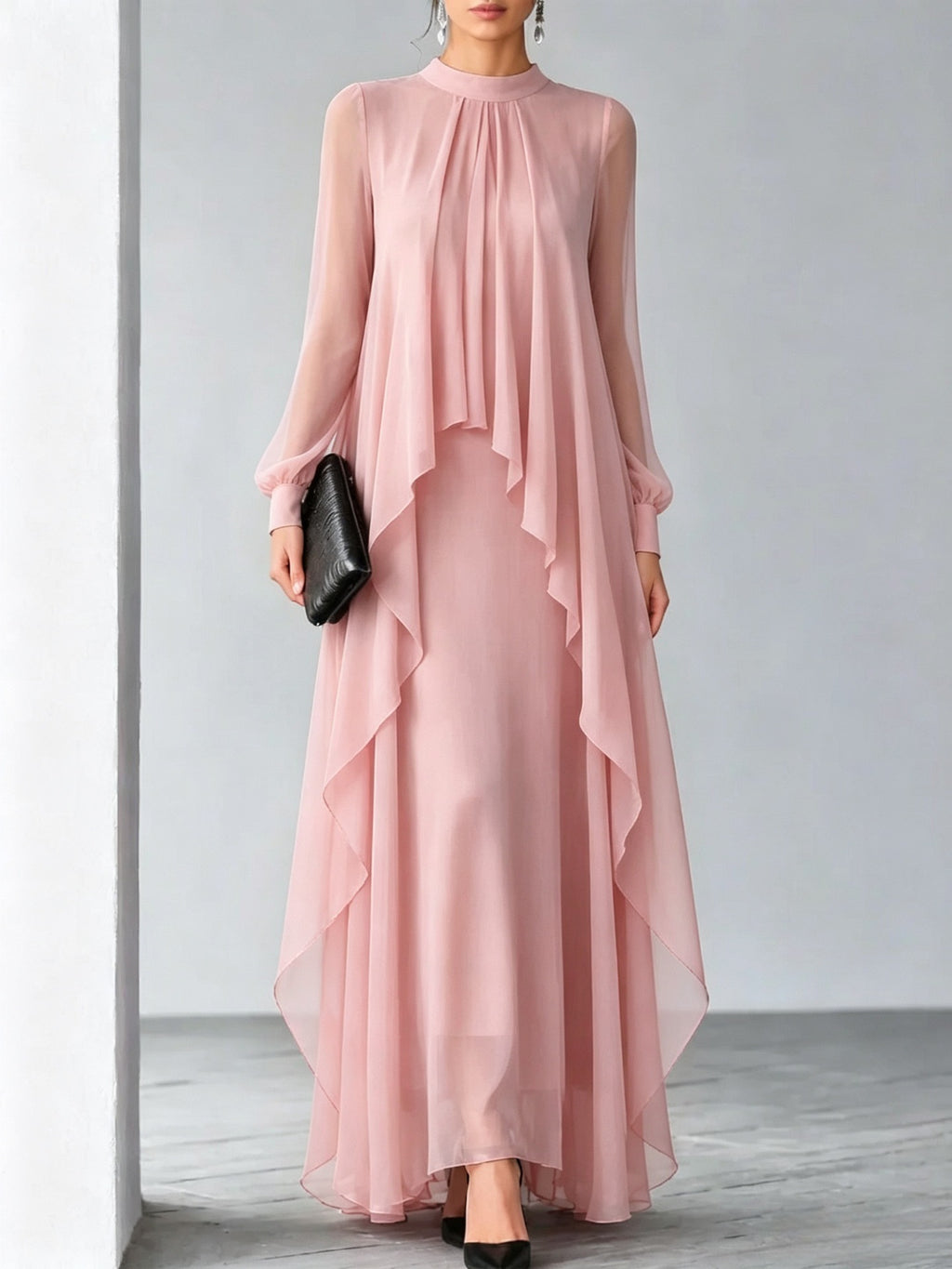 Women's Pleated Chiffon Long Dress Stand Collar Sheer Sleeve Ruffle Hem Fake Two-Piece Gown teemdrop