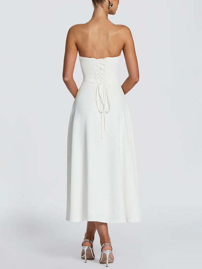 Women's Strapless Pleated Lace-Up A-Line Maxi Dress teemdrop