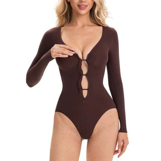 Seamless Zippered V-Neck Long-Sleeve Bodysuit teemdrop