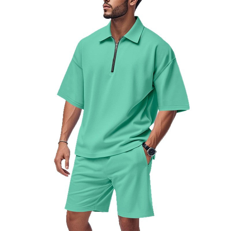 Men's two-piece short-sleeved zipper Polo shirt with shorts