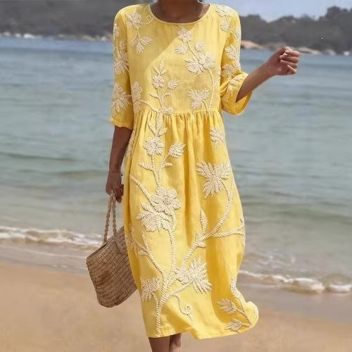 Women's floral print long-sleeved round-neck dress teemdrop
