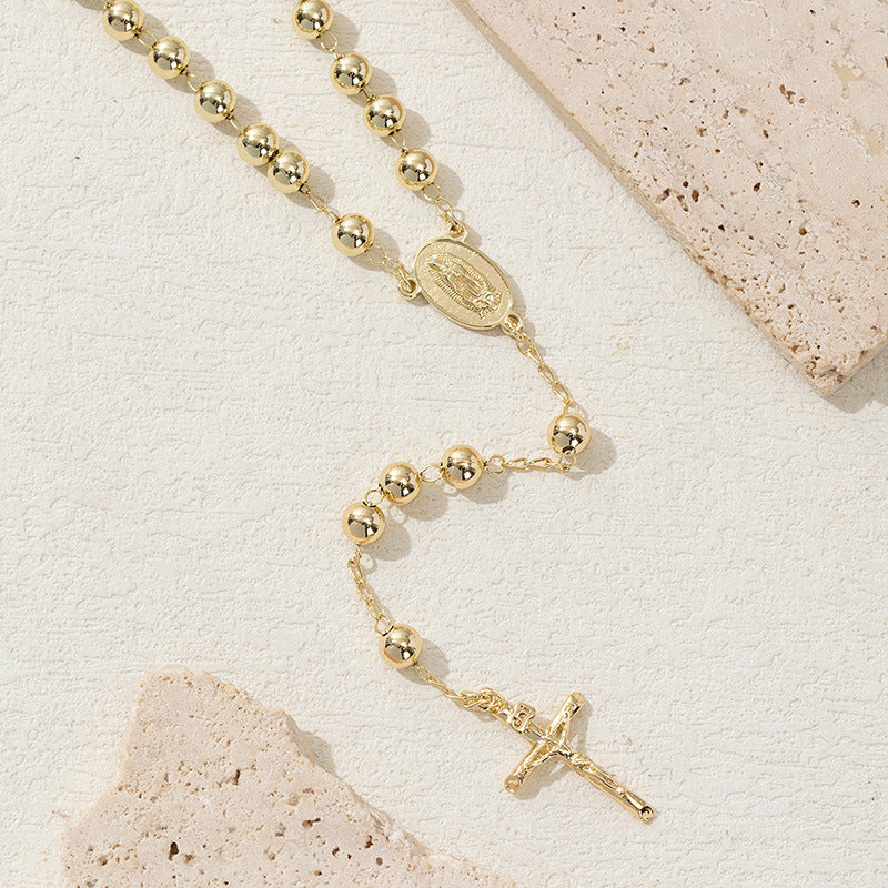Light Luxury Gold Cross Pendant Long Bead Chain teemdrop