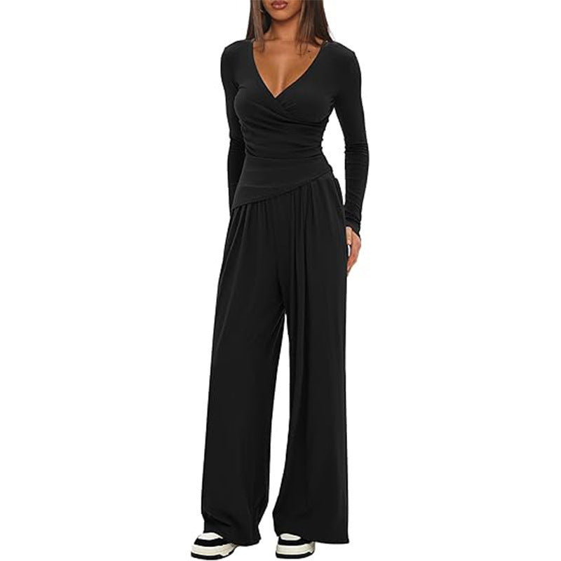 Women's Solid Color Knit V-Neck Long Sleeve Top and Wide Leg Pants Two-Piece Set teemdrop