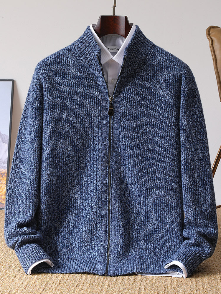 Men's 100% Wool Stand Collar Zip Cardigan teemdrop