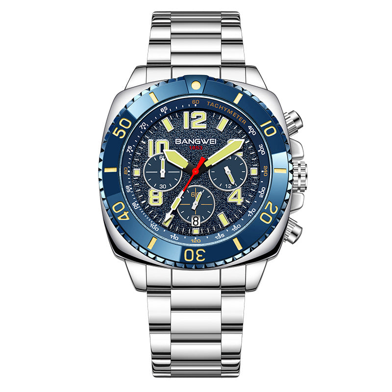 Men's Multifunction Chronograph Calendar Luminous Waterproof Stainless Steel Quartz Watch teemdrop