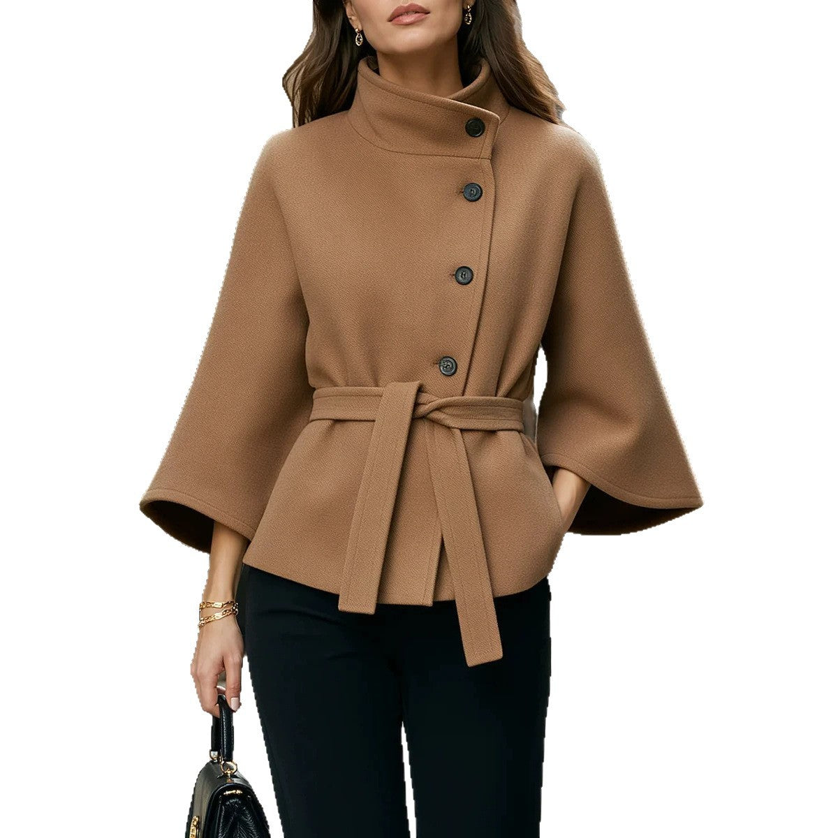 Women's Stand Collar Flared Sleeve Alpaca Wool Blend Coat teemdrop