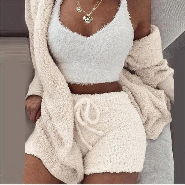 Women's Plush Three-Piece Long Sleeve Vest Shorts Track Set teemdrop