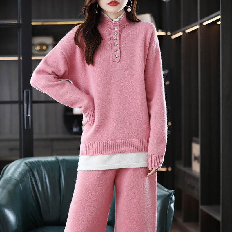 Women's Wool Knit Two-Piece Set Loose Sweatshirt Wide-Leg Pants Casual Suit teemdrop