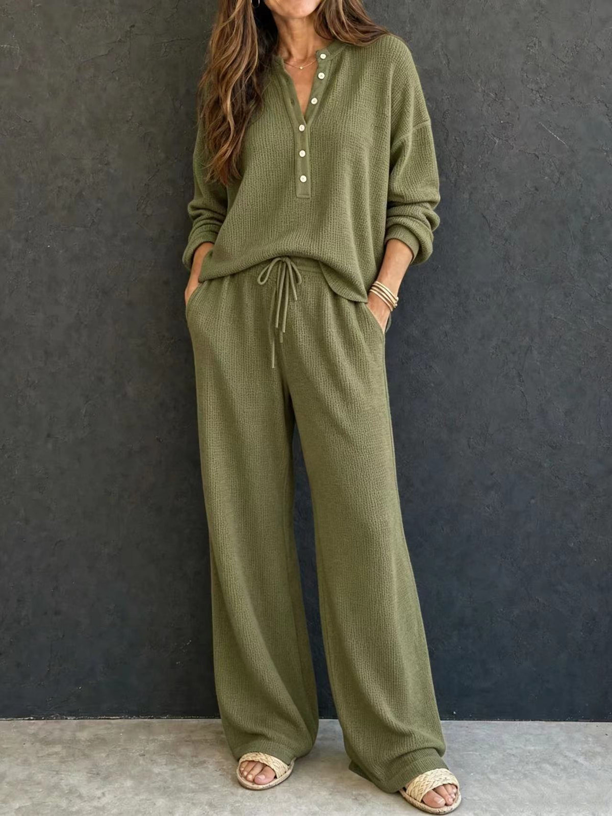 Women's Solid Color Knit Rib Top Straight Pants Set teemdrop