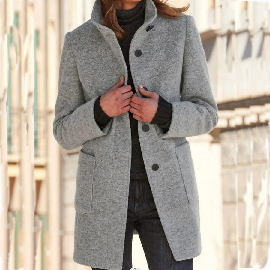 Womens Retro Solid Color Buttoned Stand Collar Coats