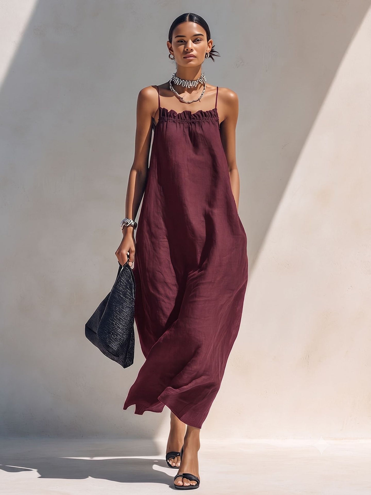 Women's One-Shoulder Sleeveless Smocked Long Dress teemdrop