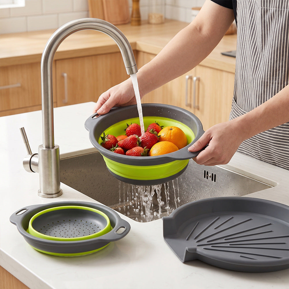 Silicone Collapsible Kitchen Washbasin with Adjustable Base, Dual-Handle Fruit and Vegetable Draining Basket