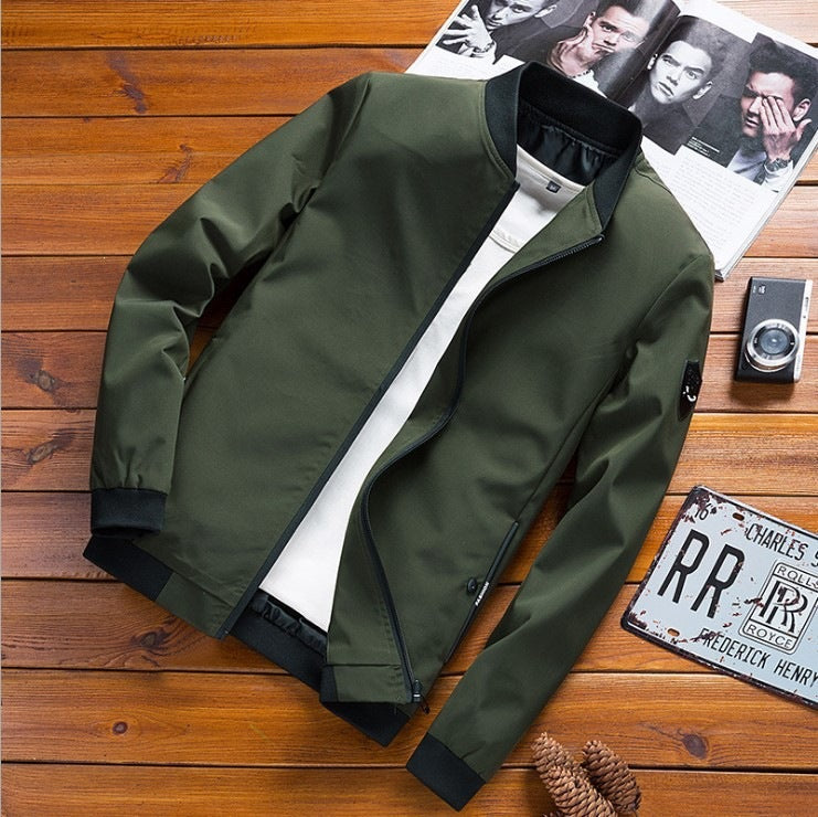 Men's Slim Fit Stand Collar Zip-Up Jacket, Solid Color Long Sleeve Breathable Outerwear teemdrop