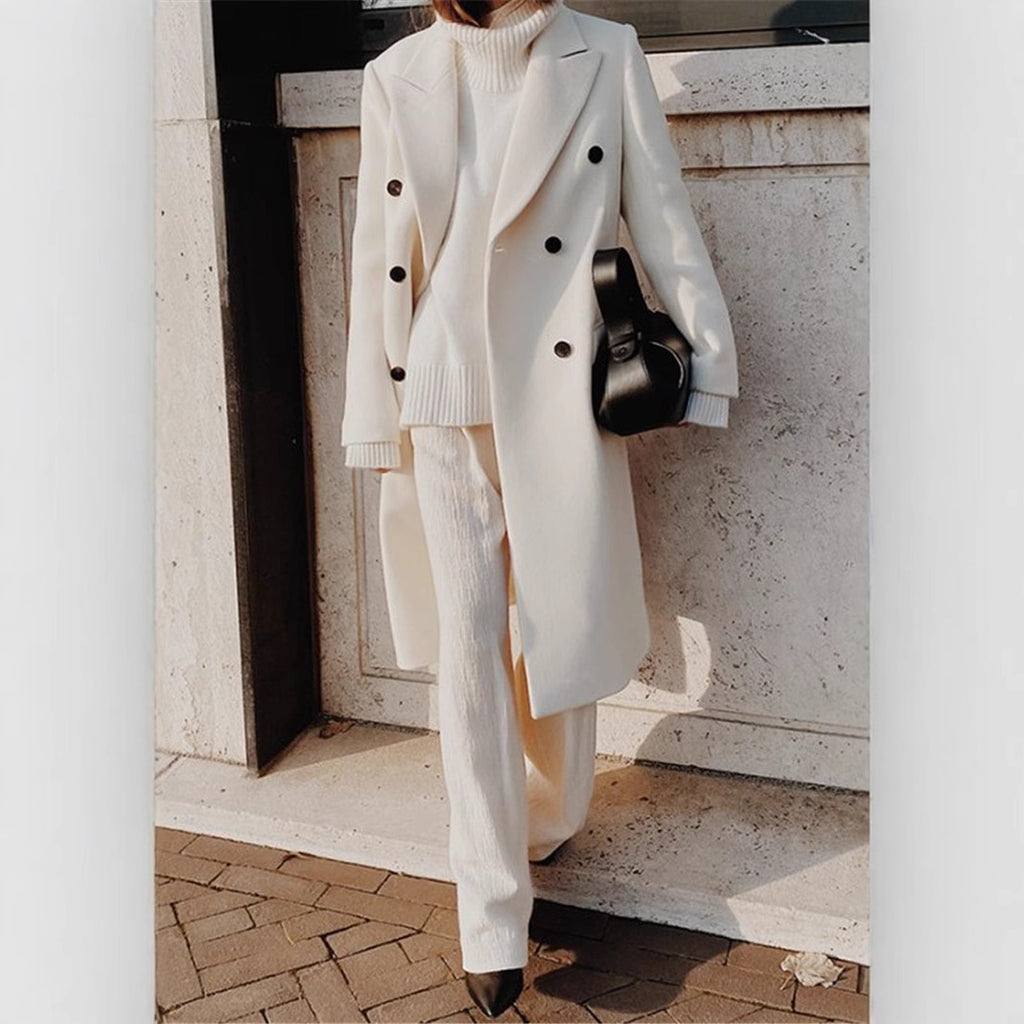 Women?s long-sleeved, solid-color, double-breasted, slim-fit coat with a lapel collar teemdrop