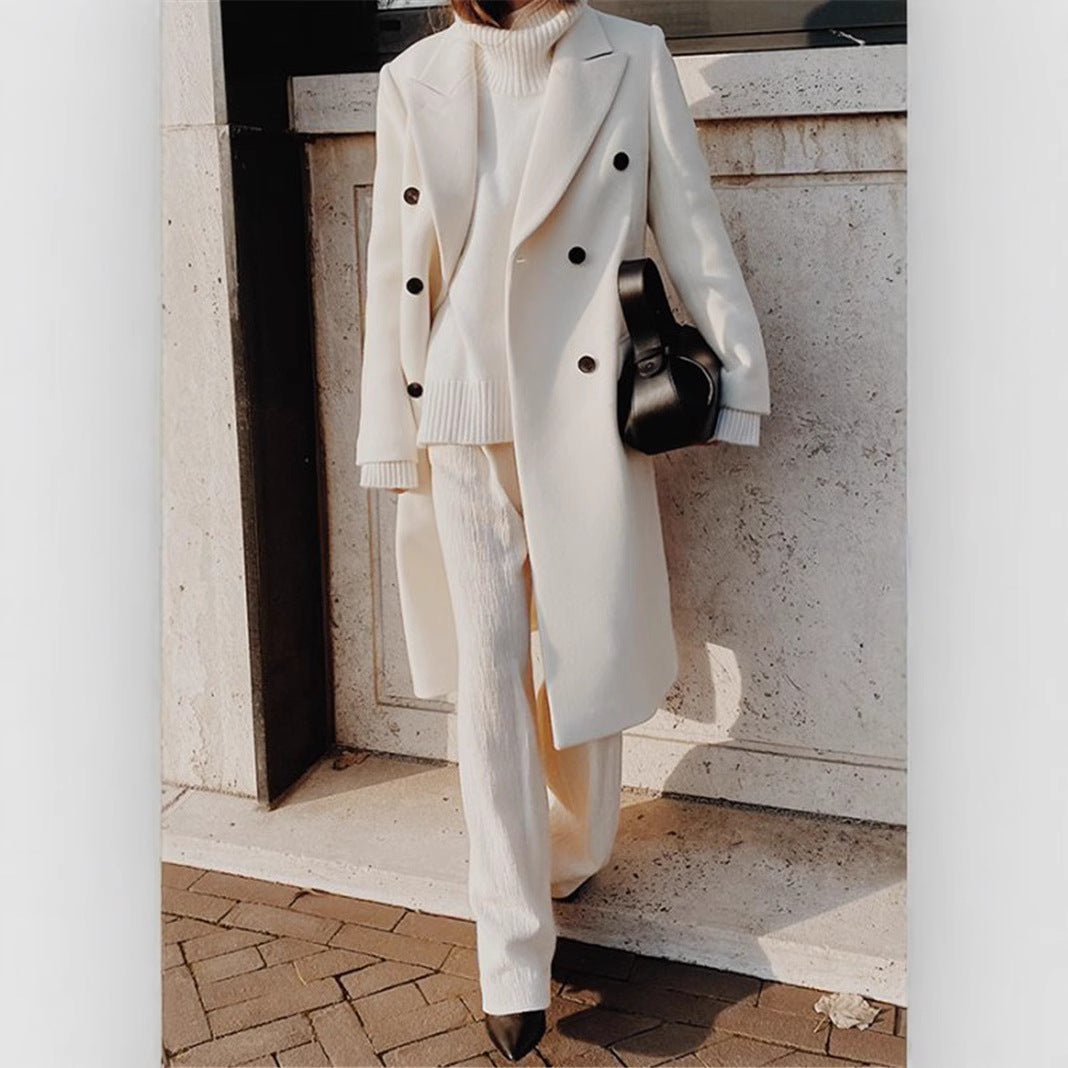 Women?s long-sleeved, solid-color, double-breasted, slim-fit coat with a lapel collar teemdrop