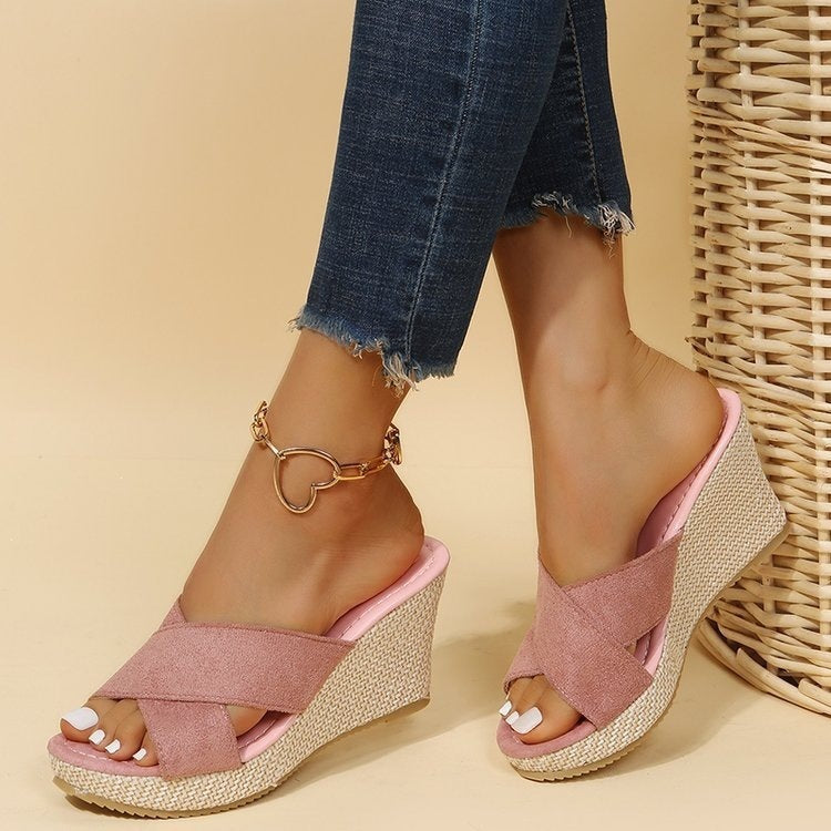 Platform rope thick-soled chunky heel slipper with flat sole