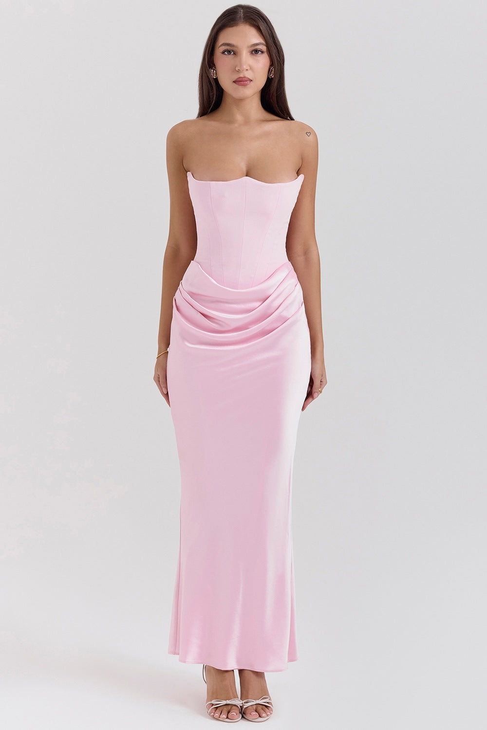 Women's Satin Off-Shoulder Pleated Long Bodycon Dress teemdrop