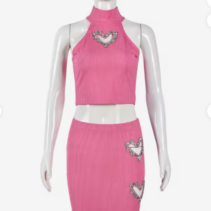 Women's Rhinestone Hollow-Out Ribbed Crop Top and Mini Skirt Two-Piece Set teemdrop