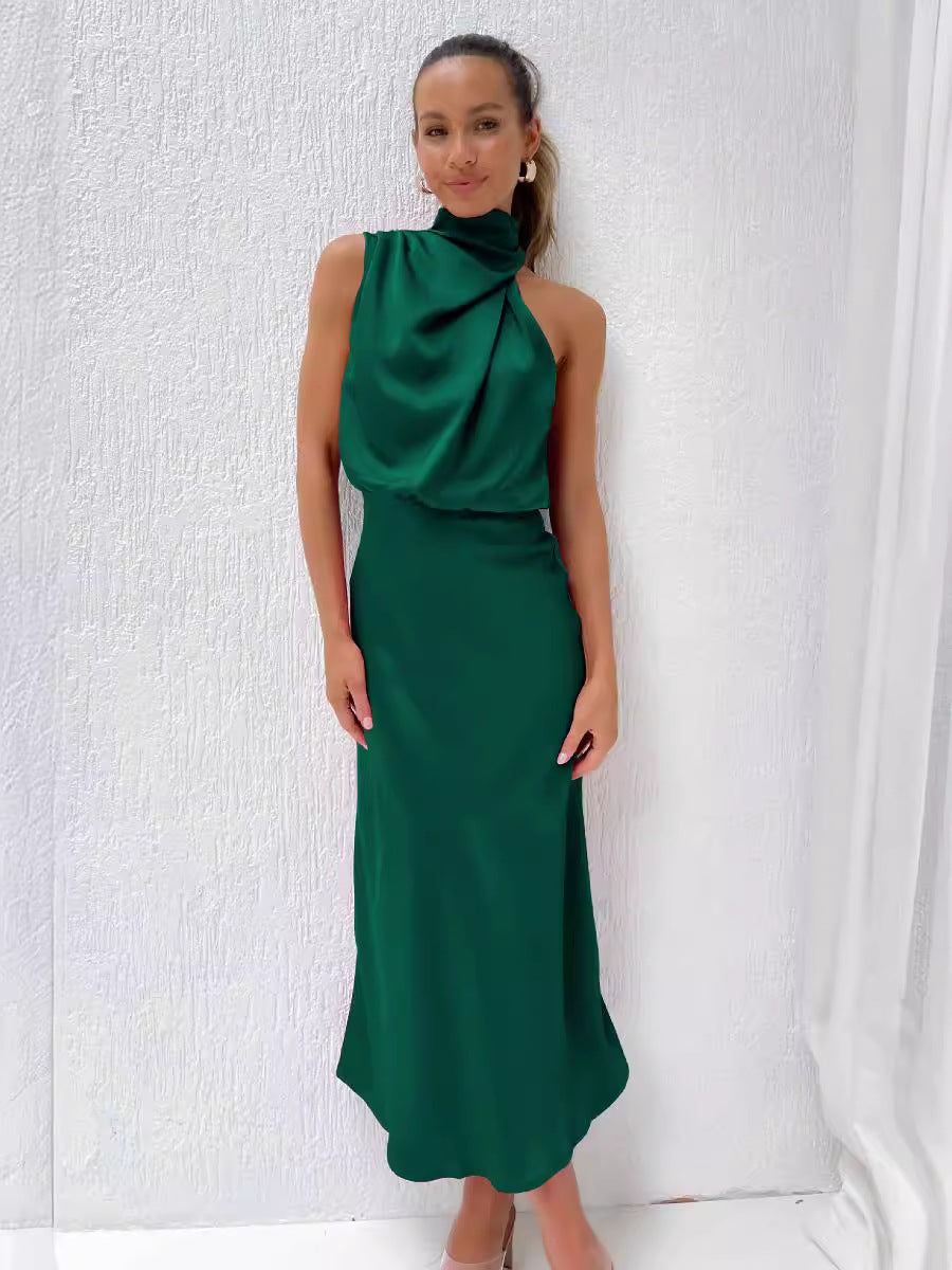Womens High-End Satin Sleeveless Pleated Midi Dress Mock Neck Evening Gown teemdrop
