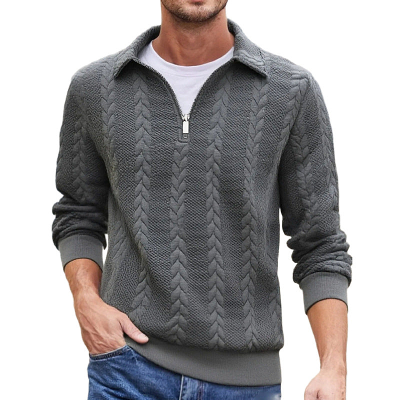 Men Jacquard Lapel Zip Up Jacket Casual Long Sleeve Sweatshirt teemdrop