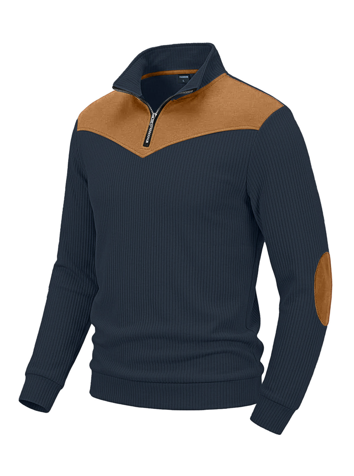 Men's Clothing Vertical Ribbed Half-Zip Stand Collar Sweatshirt with Suede Patchwork Retro Long-Sleeve teemdrop